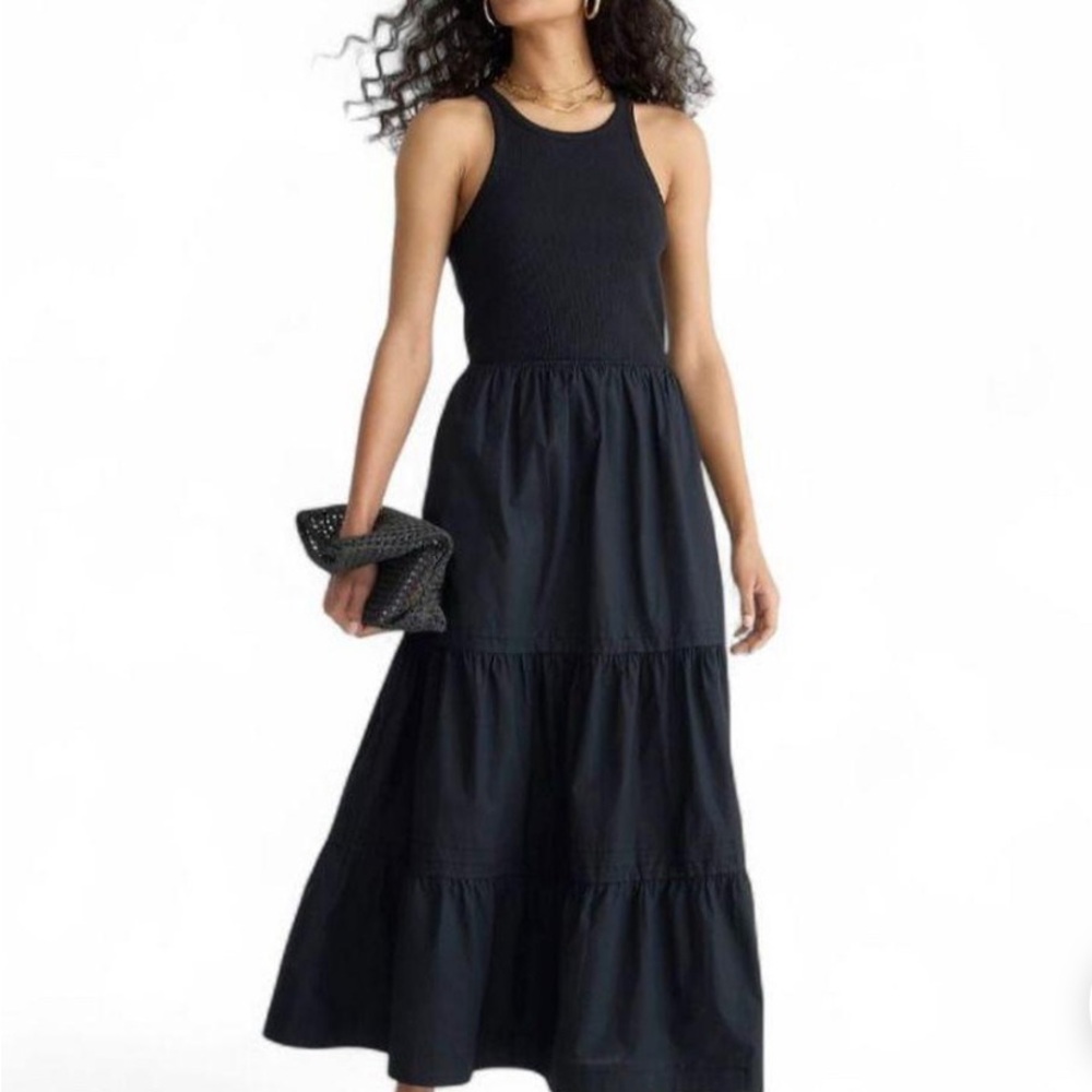 J CREW black tank tiered ruffle full length dress medium with pockets